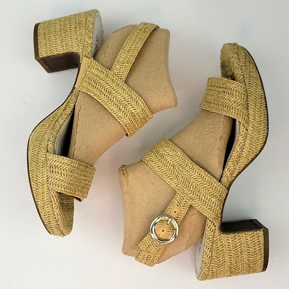 Anne Klein Padrino Woven Raffia Block Heel Open Toe Sandals Tan  Size 8.5 - Picture 8 of 15